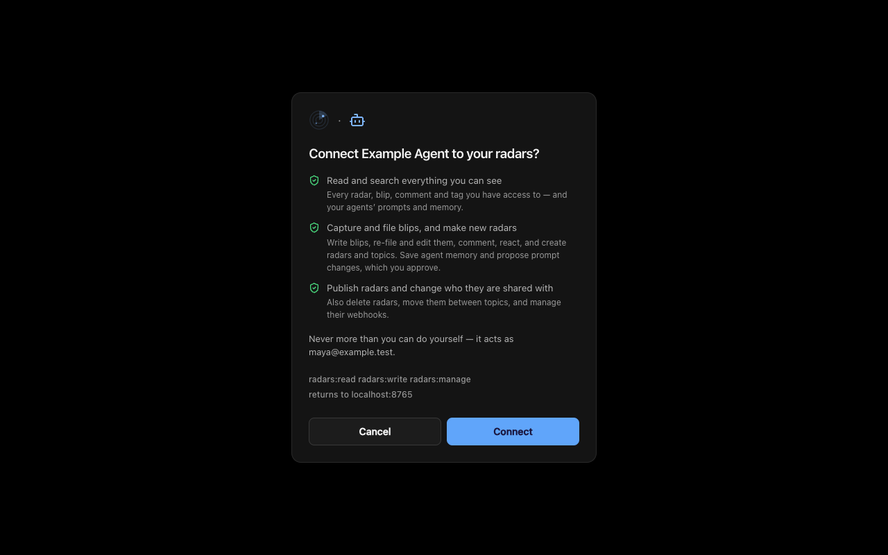 The consent screen 'Connect Example Agent to your radars?' listing what the agent can do (read and search, capture and file blips, publish and share radars), the signed-in account, the scopes requested, and Cancel and Connect buttons.