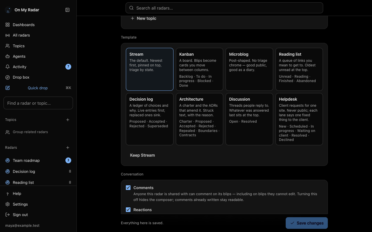 The Template section of a radar's settings showing eight template cards: Stream, Kanban, Microblog, Reading list, Decision log, Architecture, Discussion and Helpdesk, each with a short description and its lane names.
