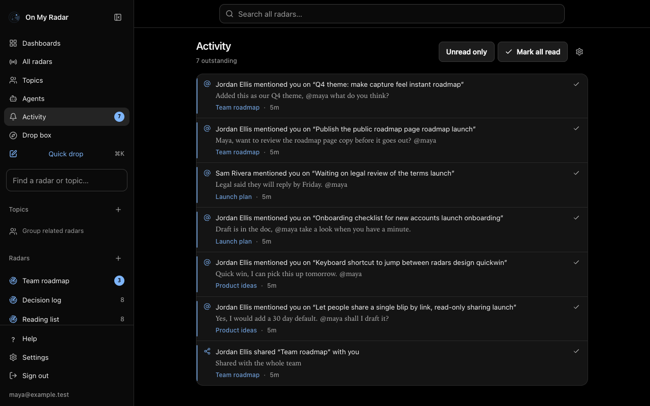 The Activity screen with seven unread items: six mentions of the signed-in person in comments from teammates and one notice that a radar was shared with them, each with the radar name and a timestamp, and buttons for Unread only and Mark all read.