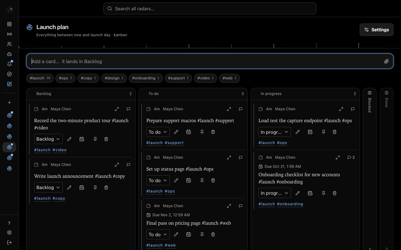 The Launch plan board radar with columns Backlog, To do and In progress holding blip cards with tags and due dates, and narrow collapsed columns for Blocked and Done on the right.