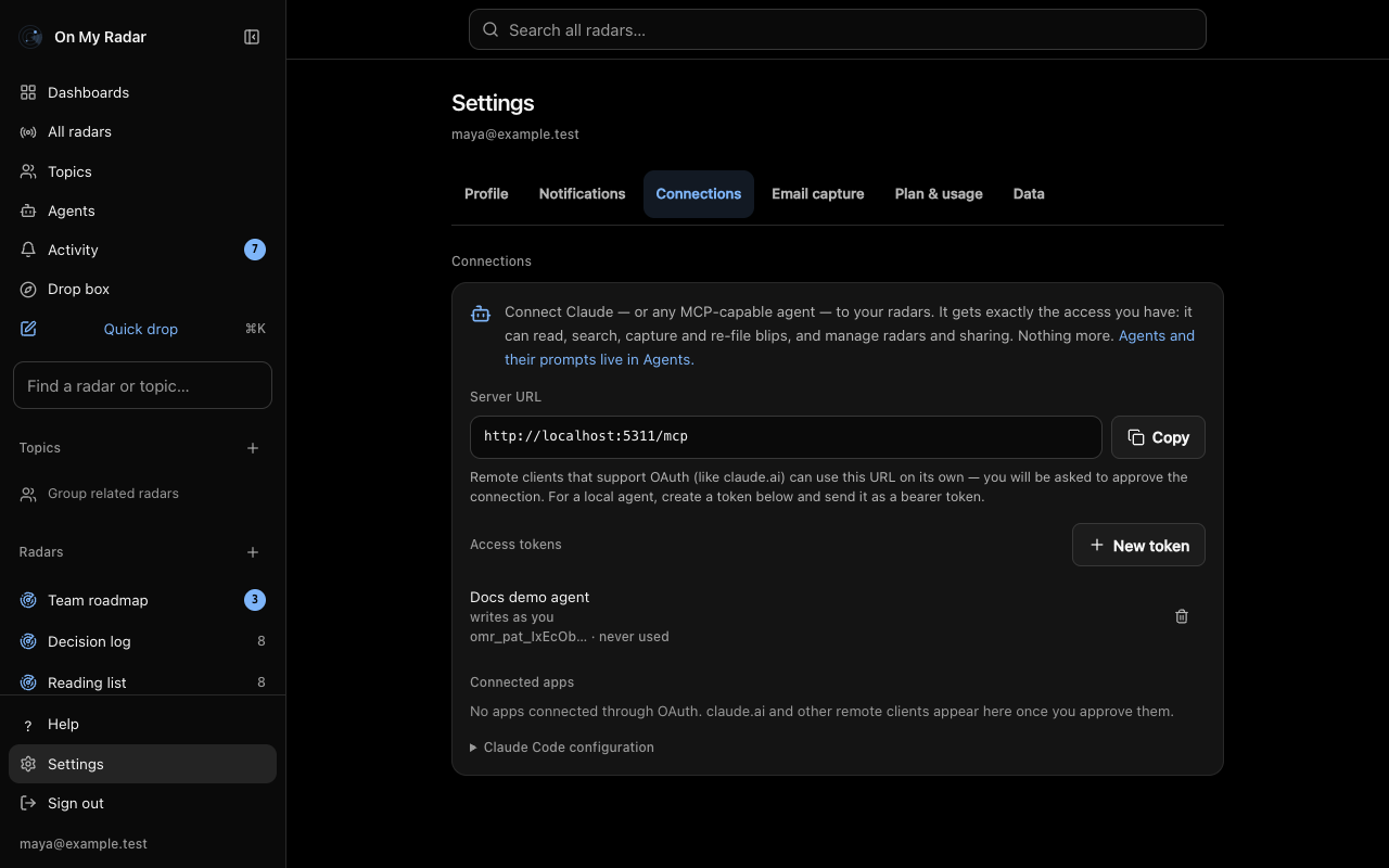 Settings, Connections tab: the MCP server URL with a Copy button, a New token button, one access token named 'Docs demo agent' that writes as you and has never been used, and a collapsed Claude Code configuration section.