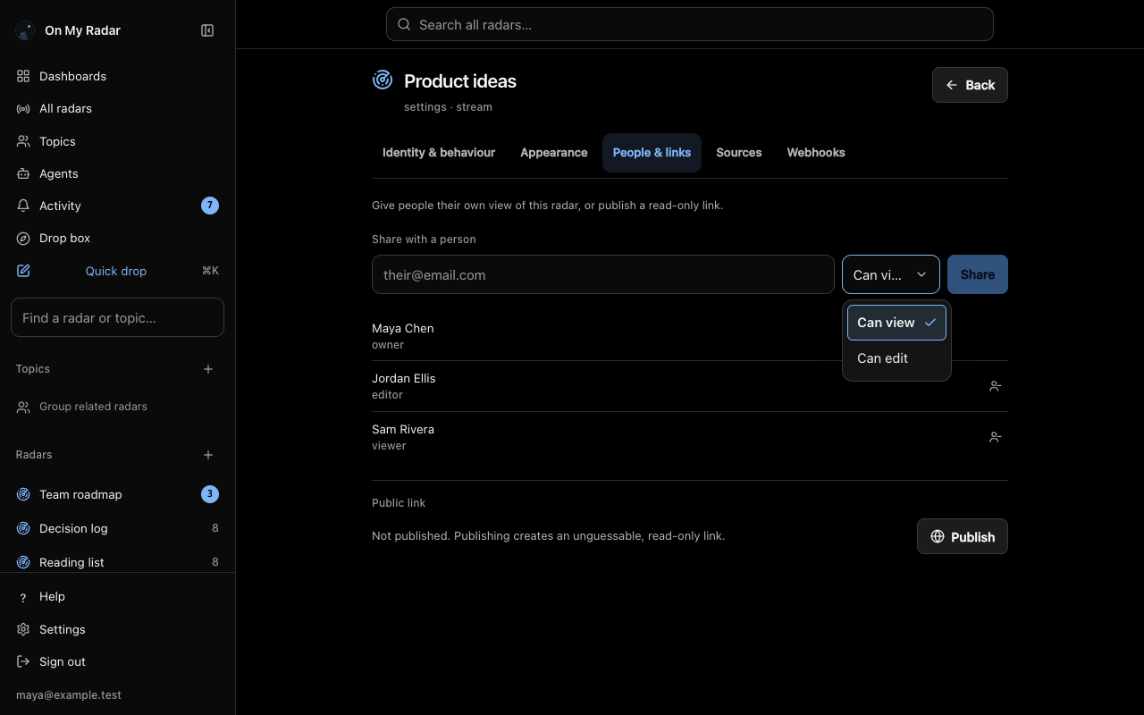The People and links tab of a radar's settings: an email box with a role menu open offering 'Can view' and 'Can edit', a Share button, the member list (owner, editor, viewer) and a Publish button for a read-only public link.